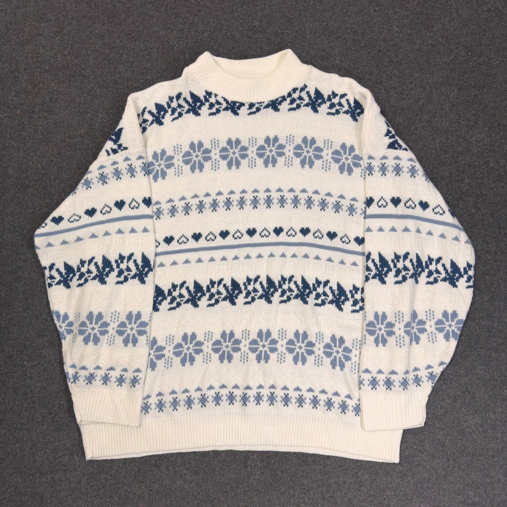Vintage American Pride Fair Isle Knit Sweater Womens 18W Blue White USA Made
